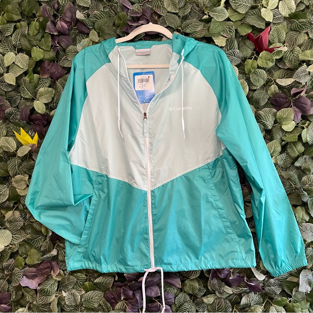 Columbia Women’s Lightweight Hooded Windbreaker Jacket Mint Till Blue size L